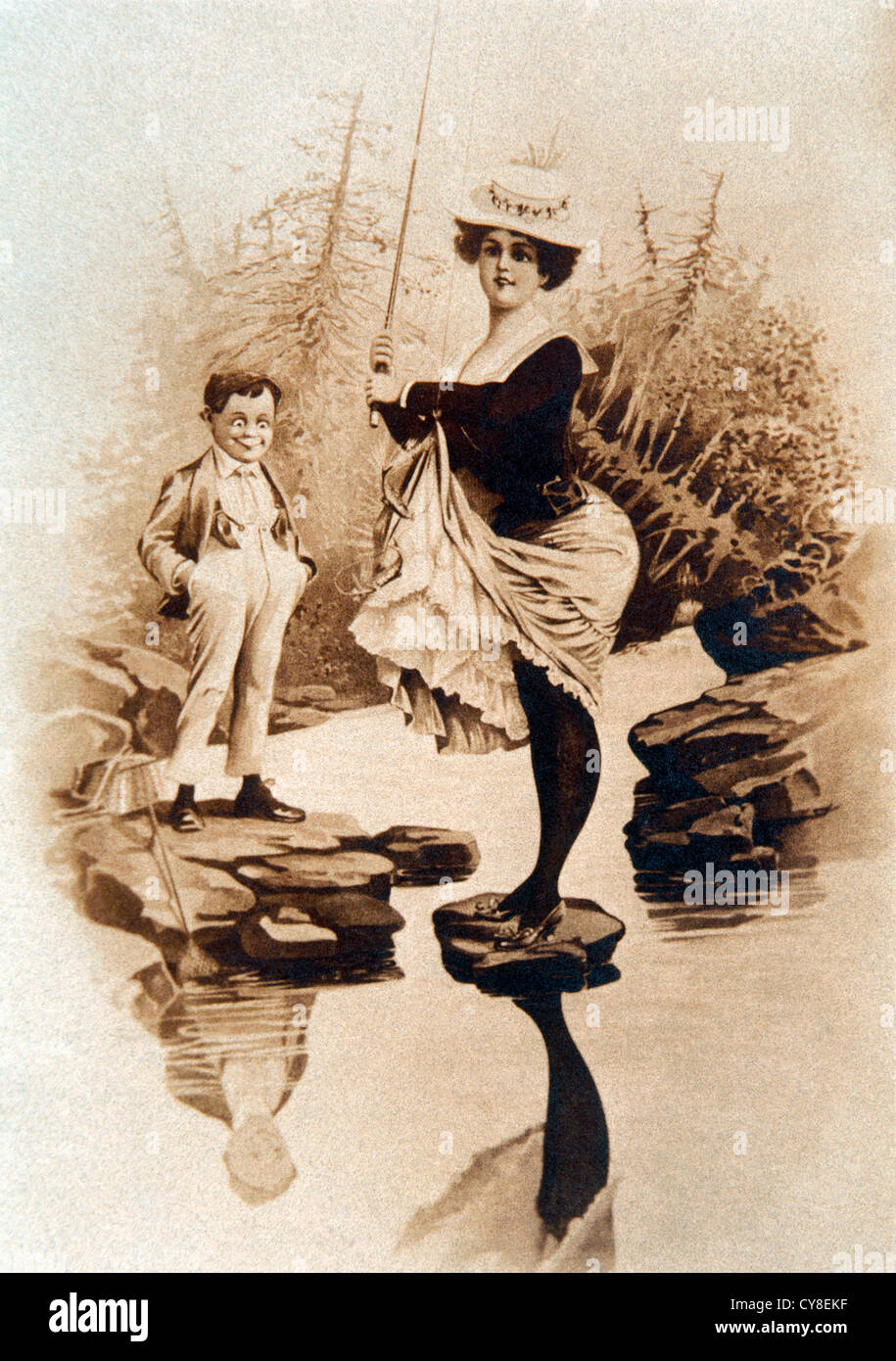 La pêche avec femme jupe relevée et Boy Watching, vers 1906 Banque D'Images