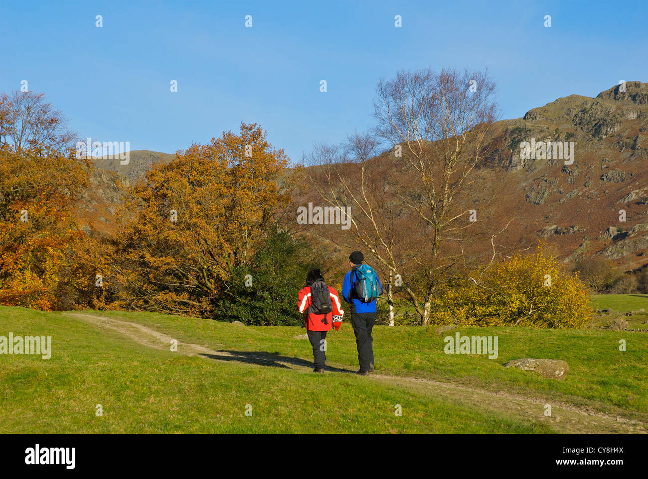 Deux marcheurs dans la vallée de Easedale, près de Grasmere, Parc National de Lake District, Cumbria, Angleterre, Royaume-Uni Banque D'Images