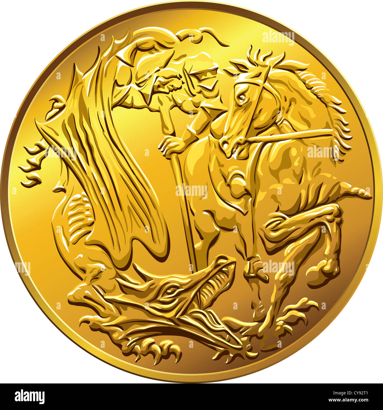La pièce d'or de l'argent souverain, avec l'image de Saint Georges terrassant le serpent, isolé sur fond blanc Banque D'Images