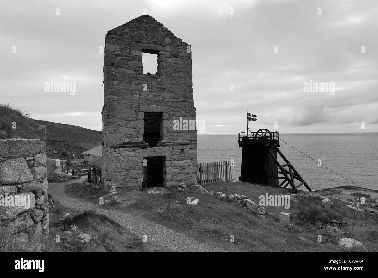 Image en noir et blanc du faisceau moteur, Levant désaffecté Pendeen, village du comté de Cornwall, England, UK Banque D'Images