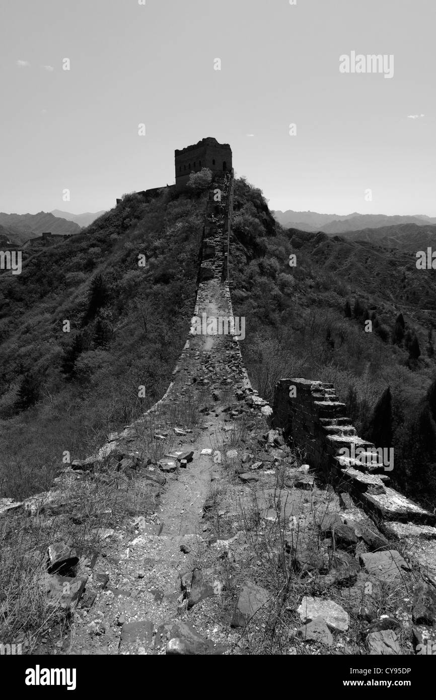 Image en noir et blanc, Grande Muraille de Chine près de Jzhai Taiping village, Tianjian Provence, Chine, Asie. Banque D'Images