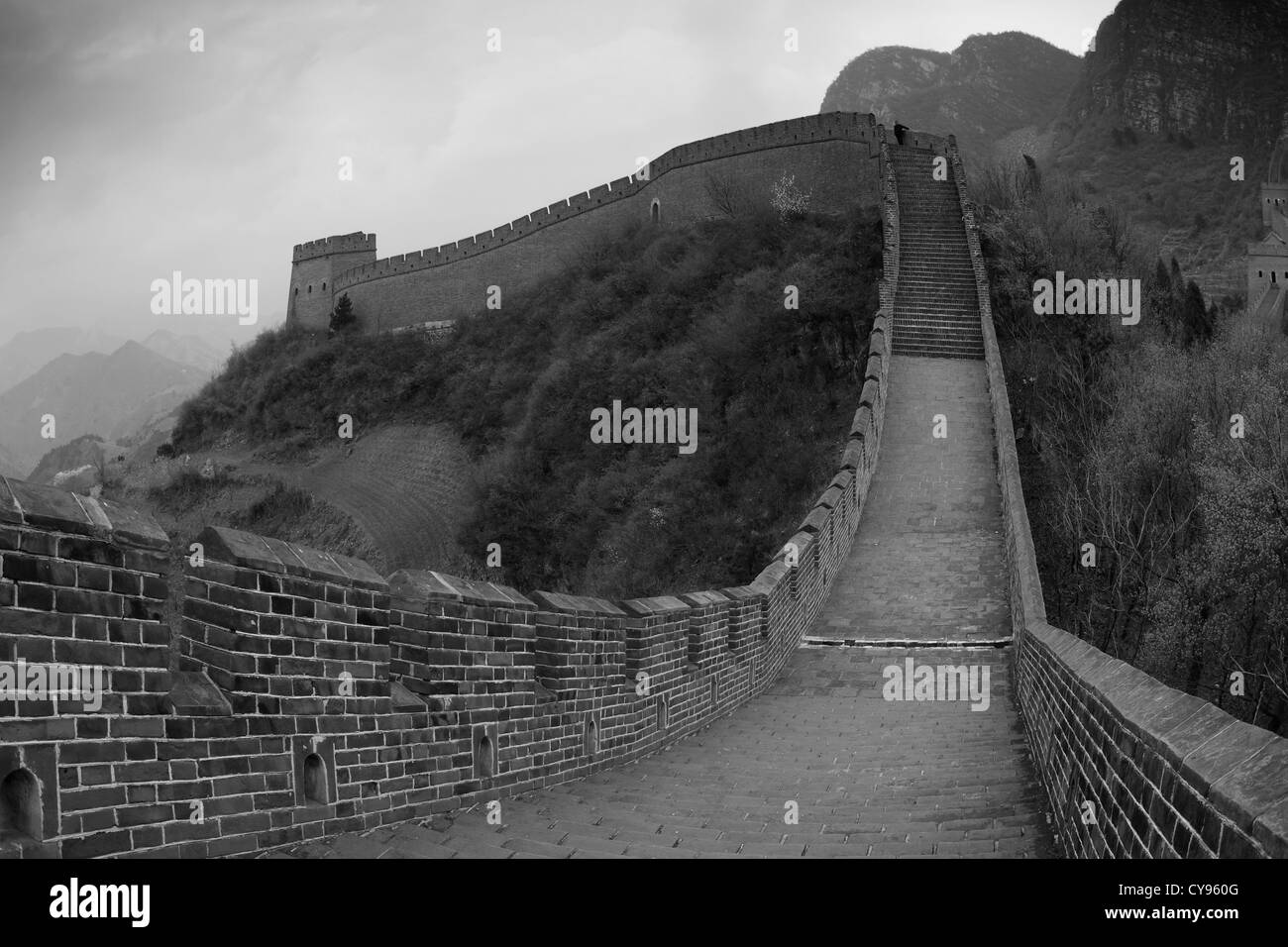 Image en noir et blanc, Grande Muraille de Chine près de Jzhai Taiping village, Tianjian Provence, Chine, Asie. Banque D'Images