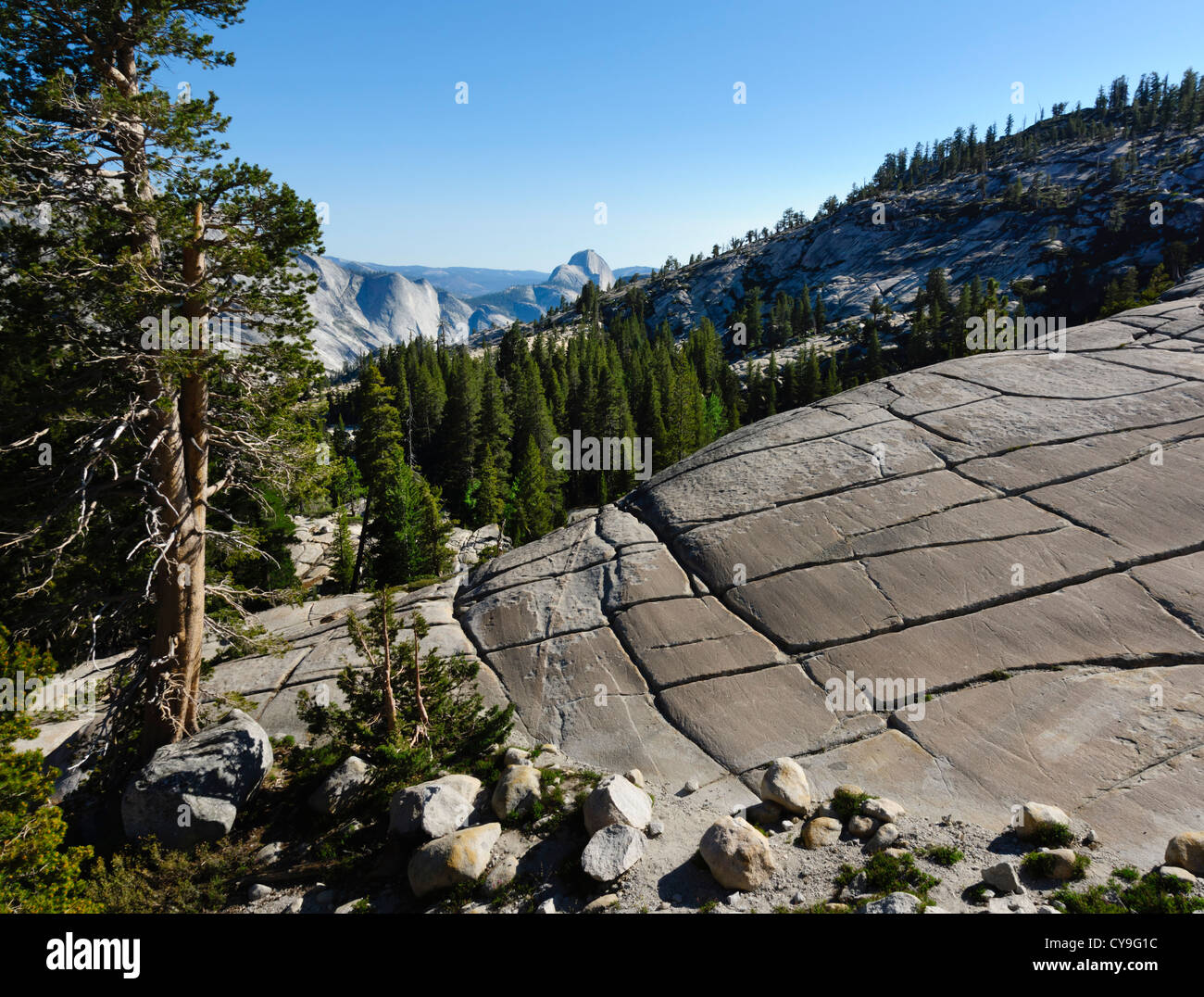 Lac du bassin de la mono pour Yosemite, la Route 120 - Olmstead Point. Lapiez avec demi dôme au-delà. Banque D'Images