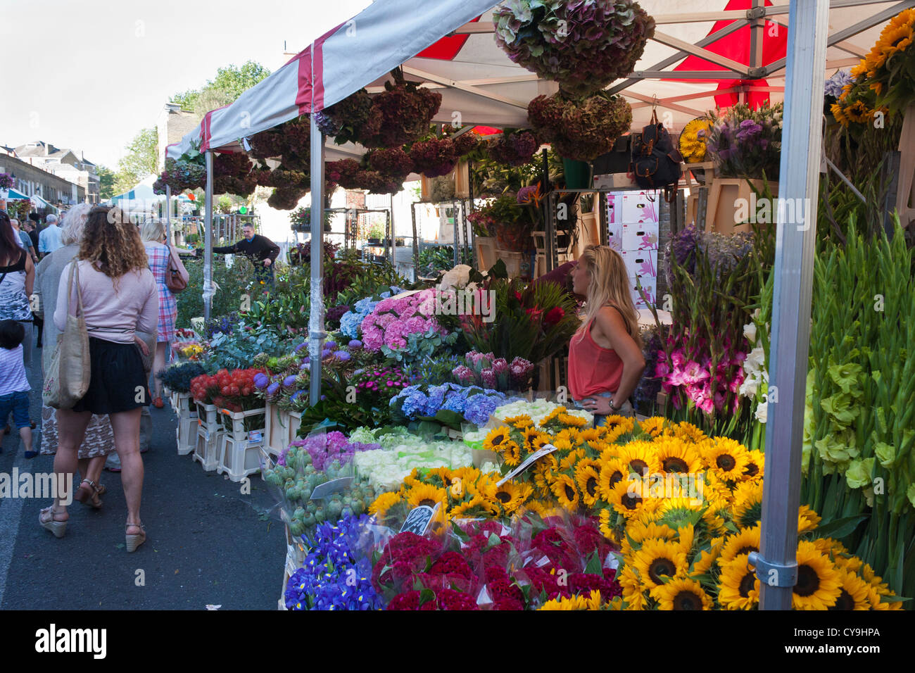 Un détenteur de stalle dans le marché populaire des fleurs de Columbia Road, Londres, Angleterre, GB, Royaume-Uni Banque D'Images