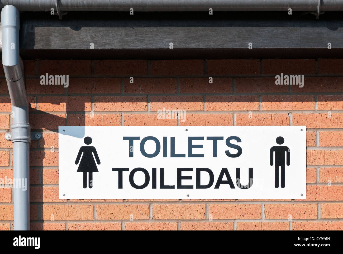 Pays de Galles, Cardiff, Bute Park, toilettes publiques bilingue en anglais et gallois signe Banque D'Images