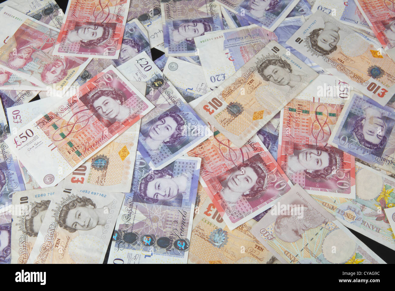 Sterling britannique billets de banque. Argent £10 £20 £50 livres argent 129828 Banque D'Images