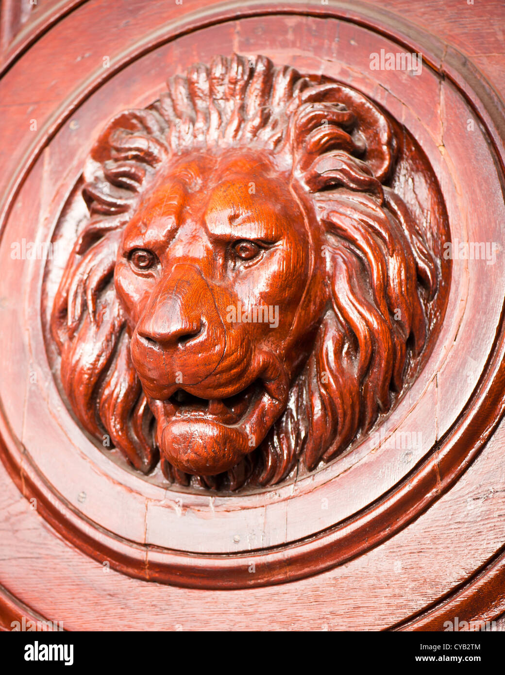 Tête de lion sculpté sur une porte, Budapest. Banque D'Images