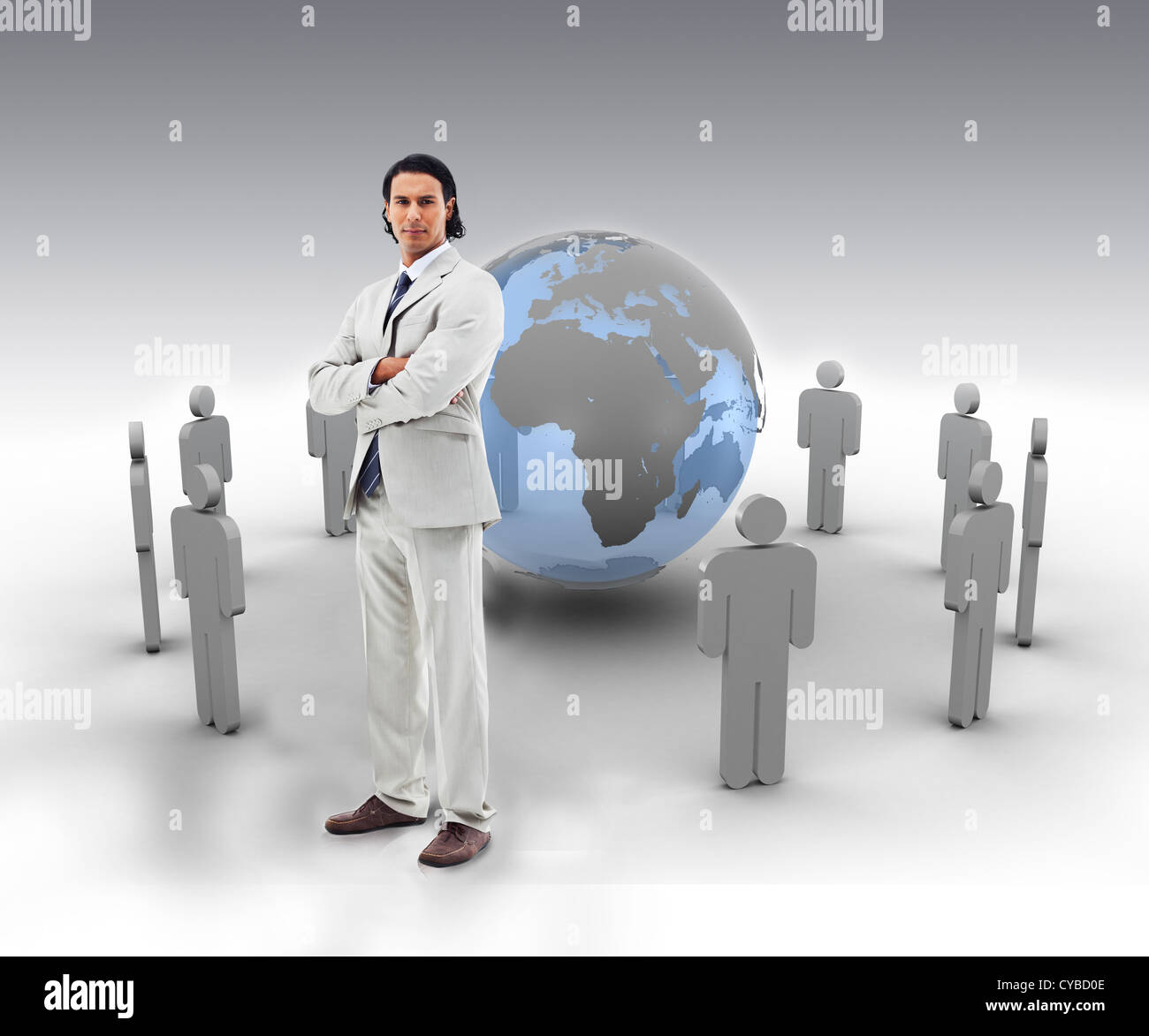 Businessman standing in front of a blue globe avec figures bâton Banque D'Images
