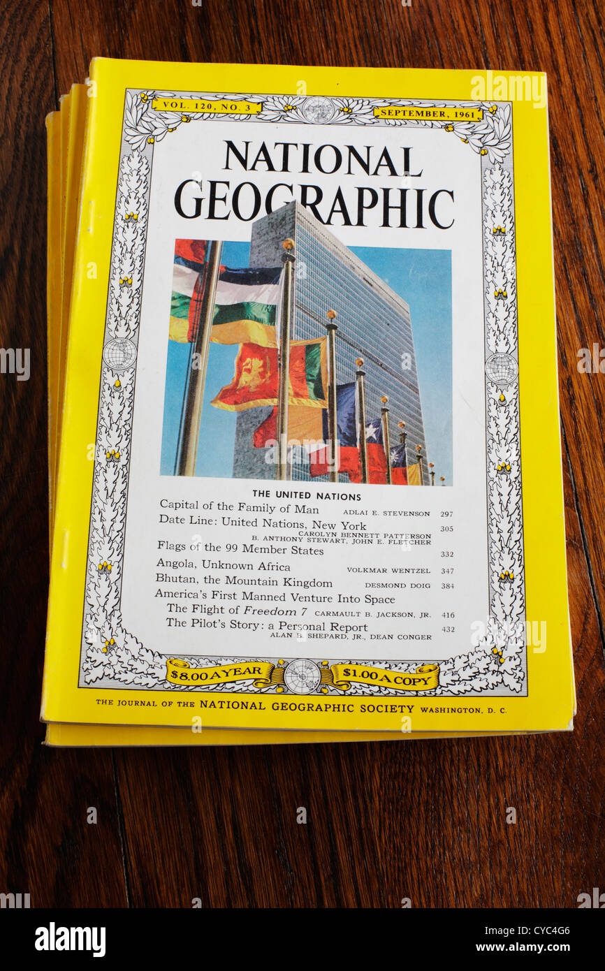 National Geographic magazine couvrir à partir de septembre 1961, y compris un article de couverture sur l'Organisation des Nations Unies. Usage éditorial uniquement. Banque D'Images