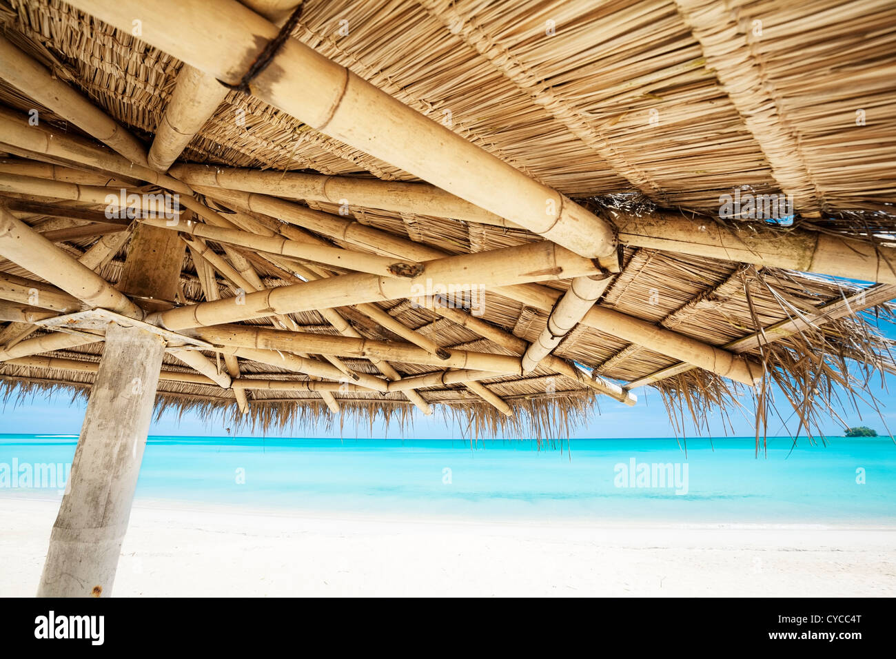 Sous le parasol sur la plage de sable blanc tropicales Banque D'Images Sous le parasol sur la plage de sable blanc tropicales Banque D'Images