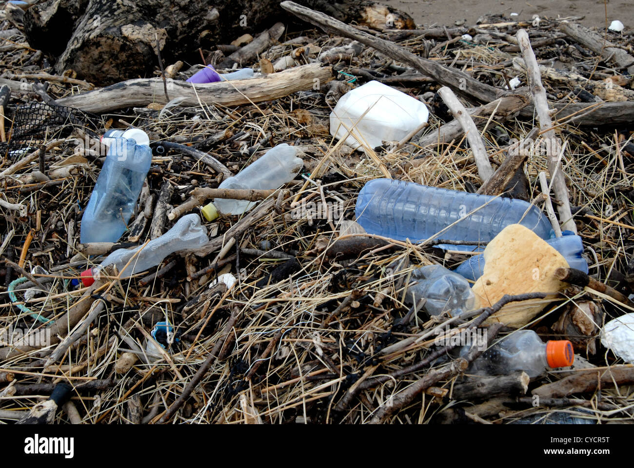 Les bouteilles en plastique, bois flotté et autres débris échoués à marée haute sur la plage de Saunton, North Devon, Angleterre. Banque D'Images