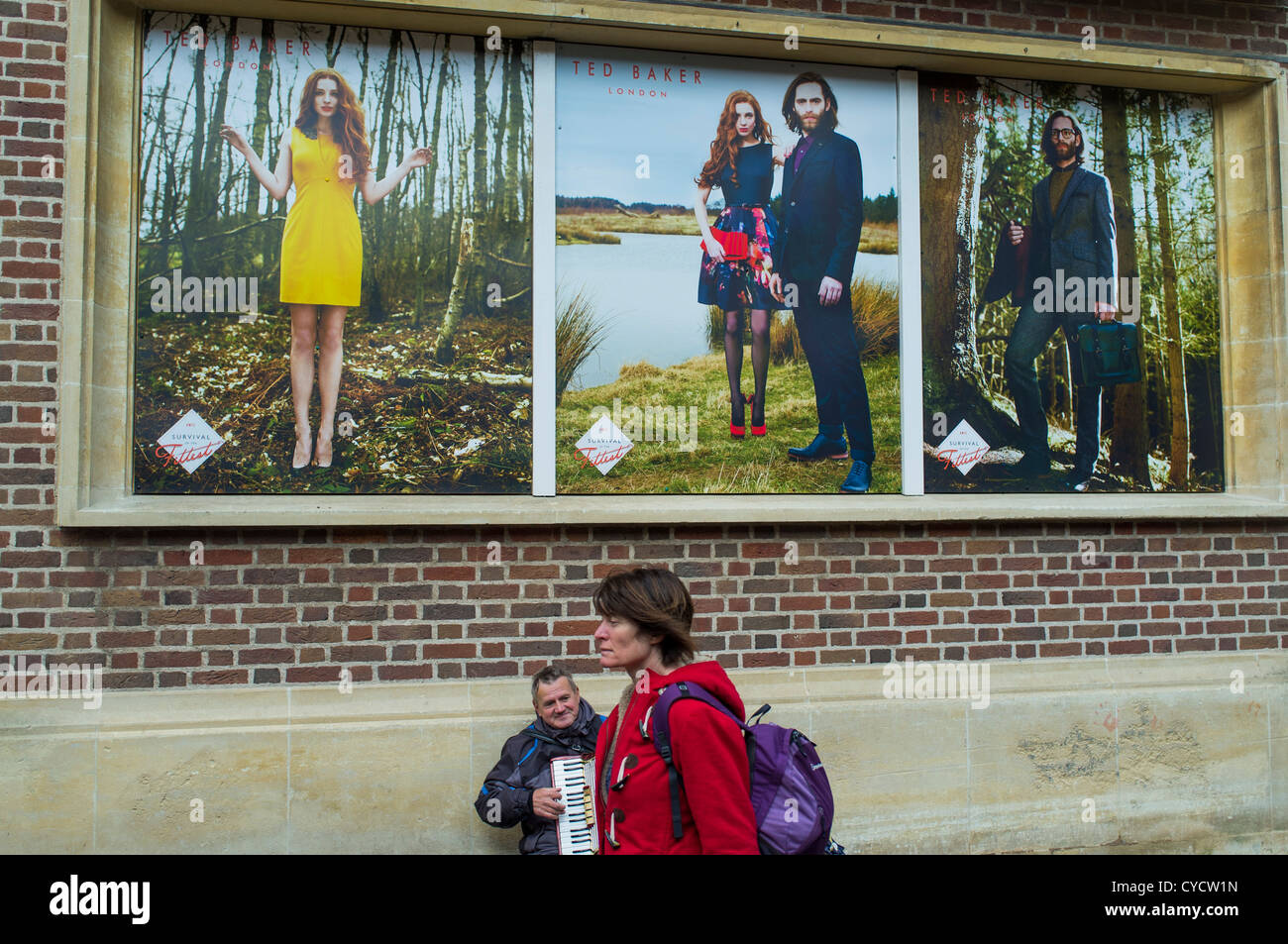 Le 31 octobre 2012. Devon en Angleterre. Un musicien ambulant à jouer de l'accordéon sur un jour d'automne humide sous publicité Ted Baker. Banque D'Images
