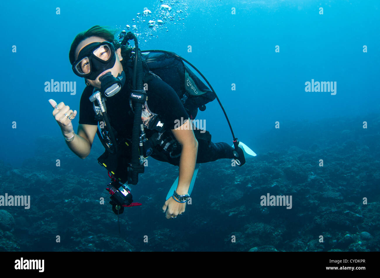 Plongée sous-marine plongeur japonais au large de la côte de l'Île Ishigaki, Okinawa, Japon. Banque D'Images