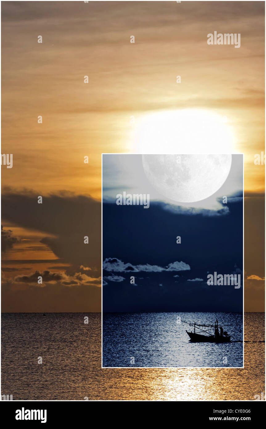 Une image conceptuelle décrivant la nuit et la journée d'un bateau de pêche de la voile sur la mer ouverte. Banque D'Images