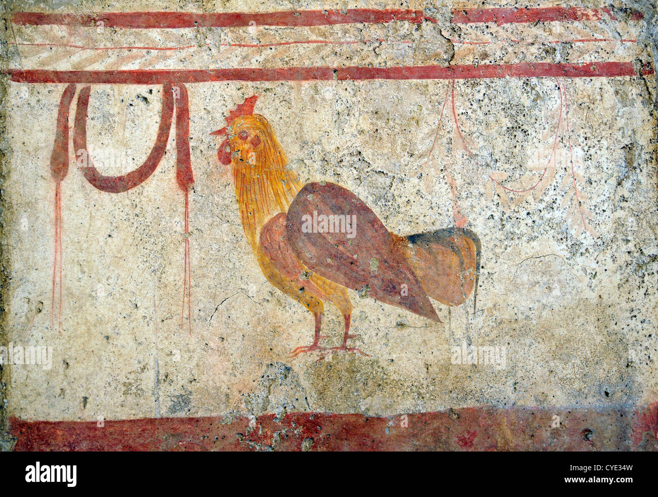 Coq et le SWAG, dalle tombeau grec c.350 BC, le musée de Paestum, site de vestiges romains et grecs, Italie Banque D'Images