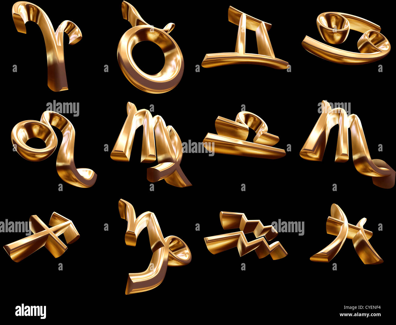 12 signes du zodiaque en or 3D Banque D'Images