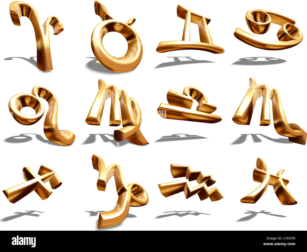 12 signes du zodiaque en or 3D Banque D'Images