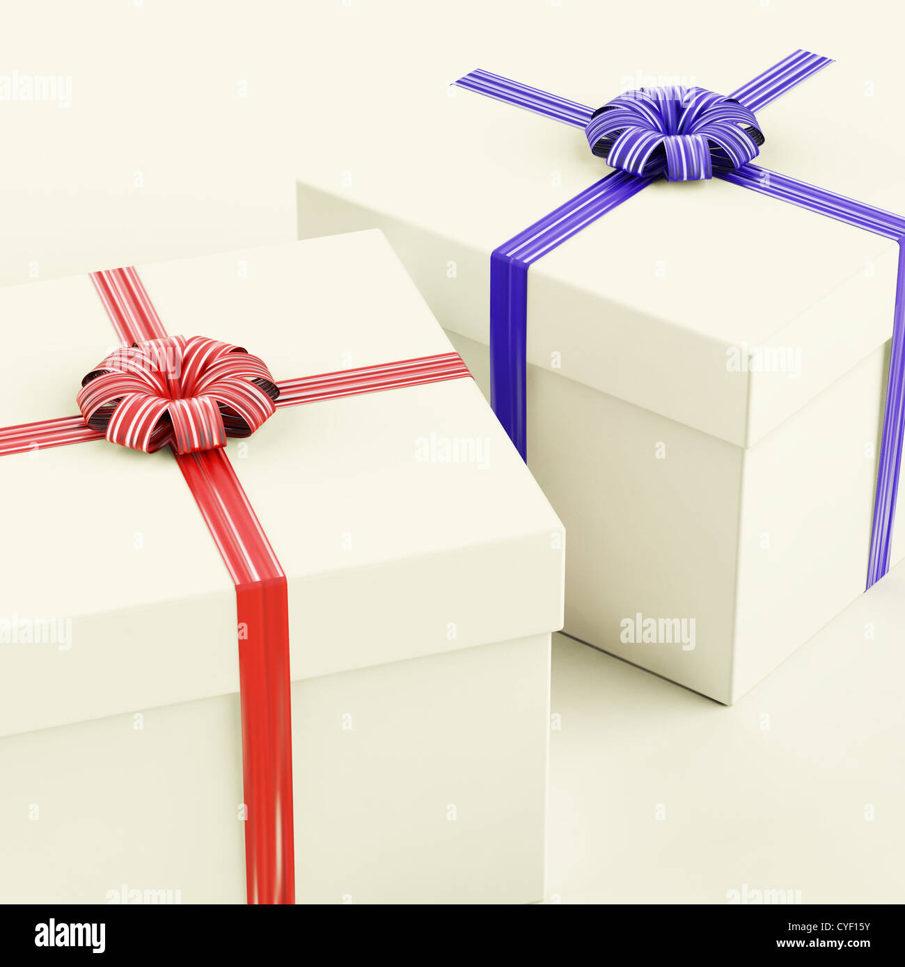 Boîtes cadeaux avec des rubans bleu et rouge comme cadeau pour lui et sa Banque D'Images