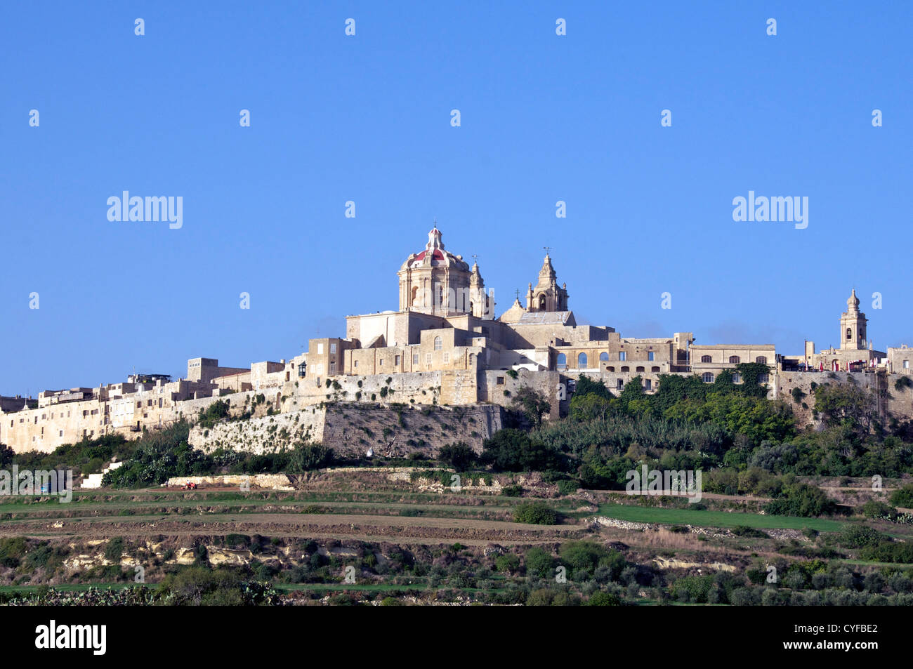 Vue panoramique sur une colline avec la Cathédrale St Paul Mdina Malte Banque D'Images