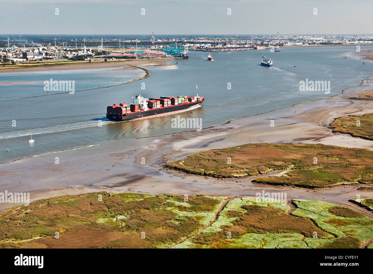 Les Pays-Bas, Nieuw Namen, Container bateau dans la rivière Westerschelde. Zone industrielle d'Anvers ( Belgique ) et raz de marais. Banque D'Images