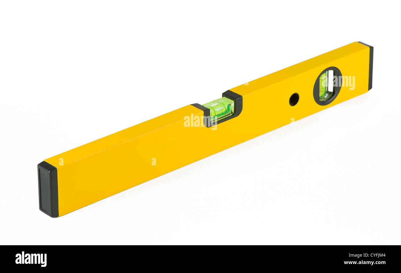 Niveau à bulle jaune et blanc fond isolé. Banque D'Images