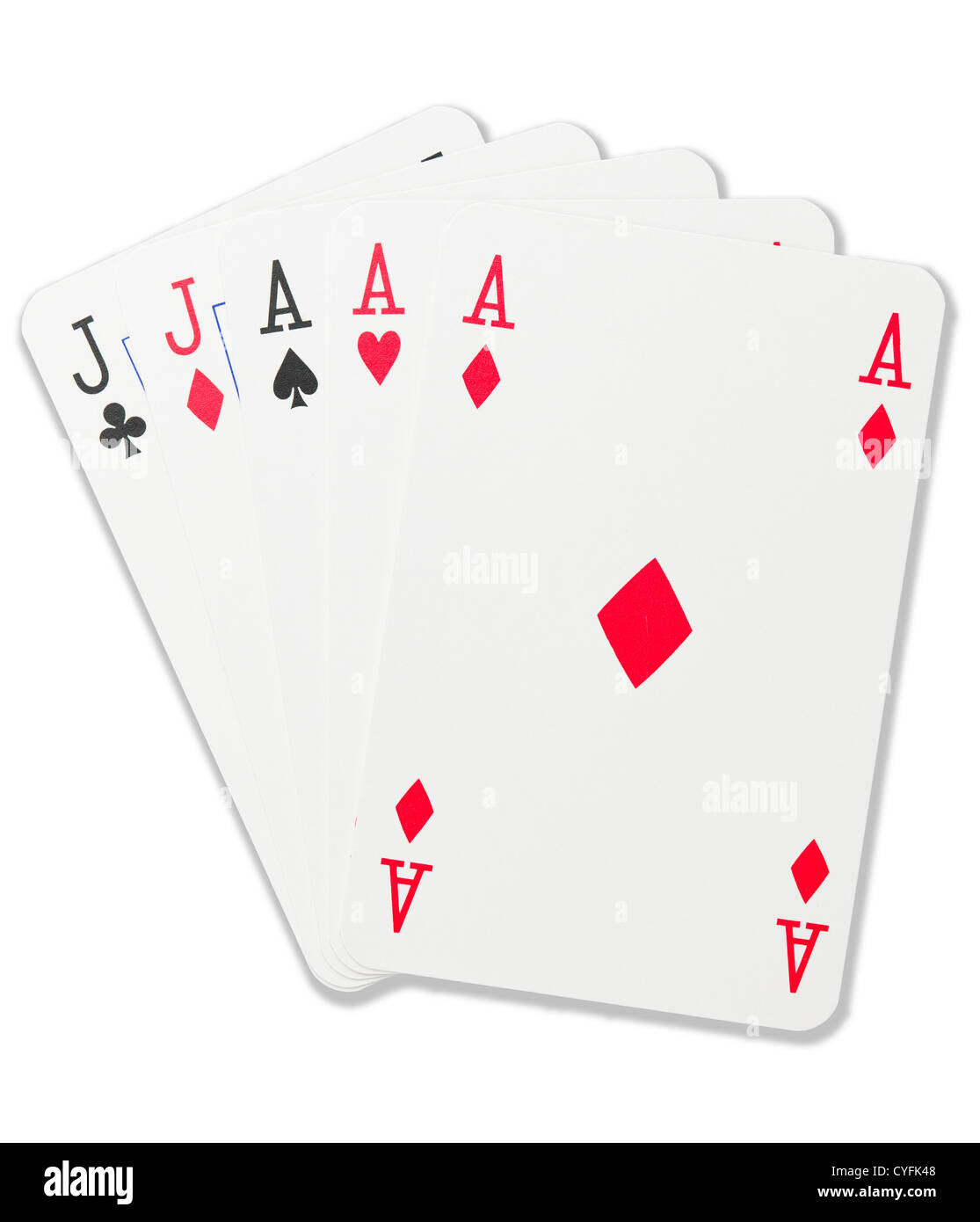 Les jeux de cartes, maison pleine de poker, fond blanc. Banque D'Images