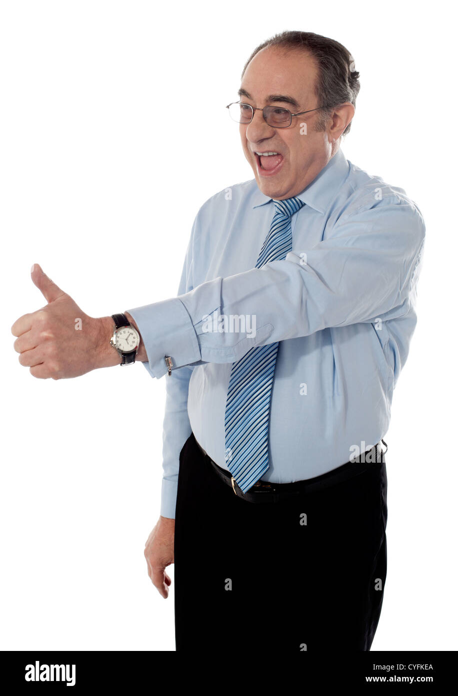 Entrepreneur showing thumbs-up isolated on white Banque D'Images