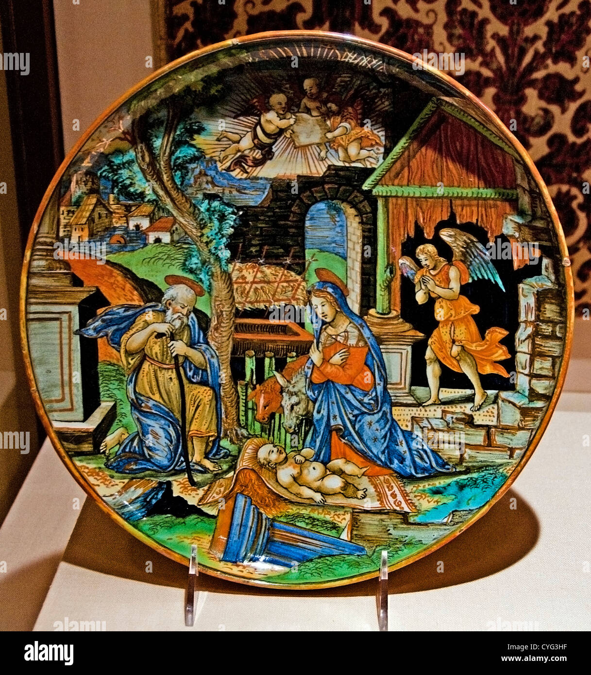La Nativité par Fra Xanto Avelli da Rovigo 1538 Urbino Italien Maiolica faïence émaillée d'étain 27 cm Ceramic Italie Banque D'Images