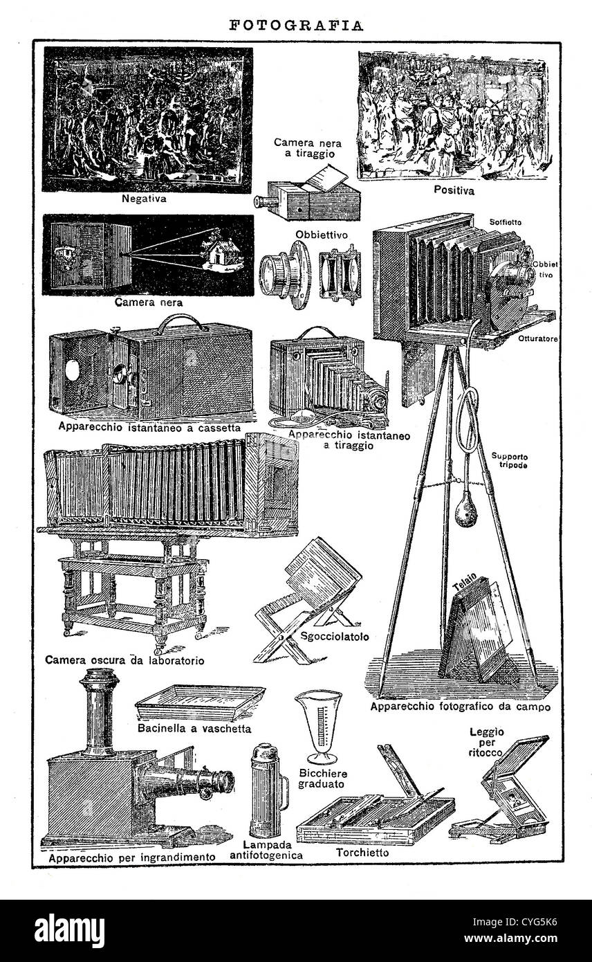 Vintage table noir et blanc : la photographie et les appareils anciens, volets, lentille, outils et équipements Banque D'Images