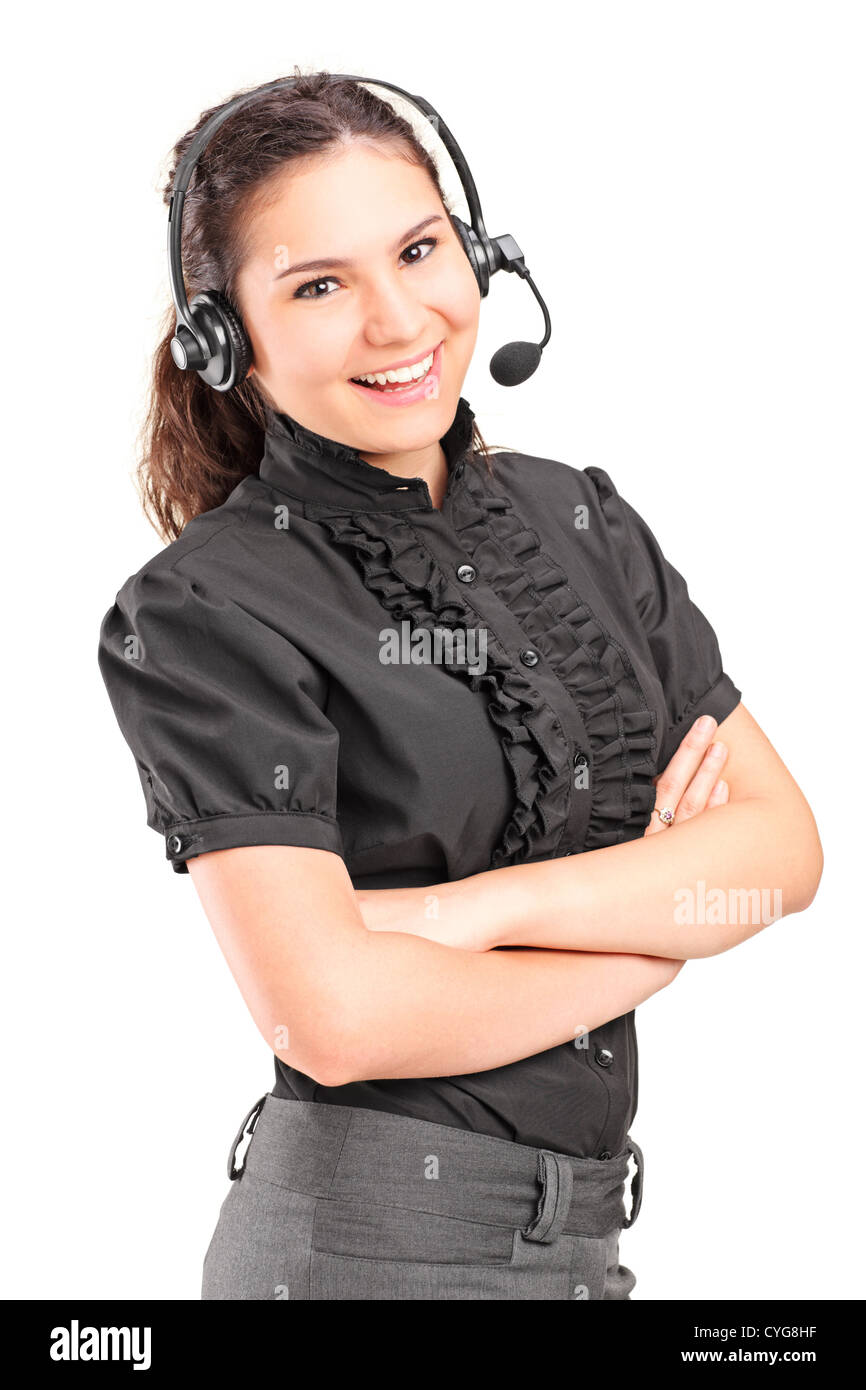 A smiling female customer support avec casque et microphone isolé sur fond blanc Banque D'Images