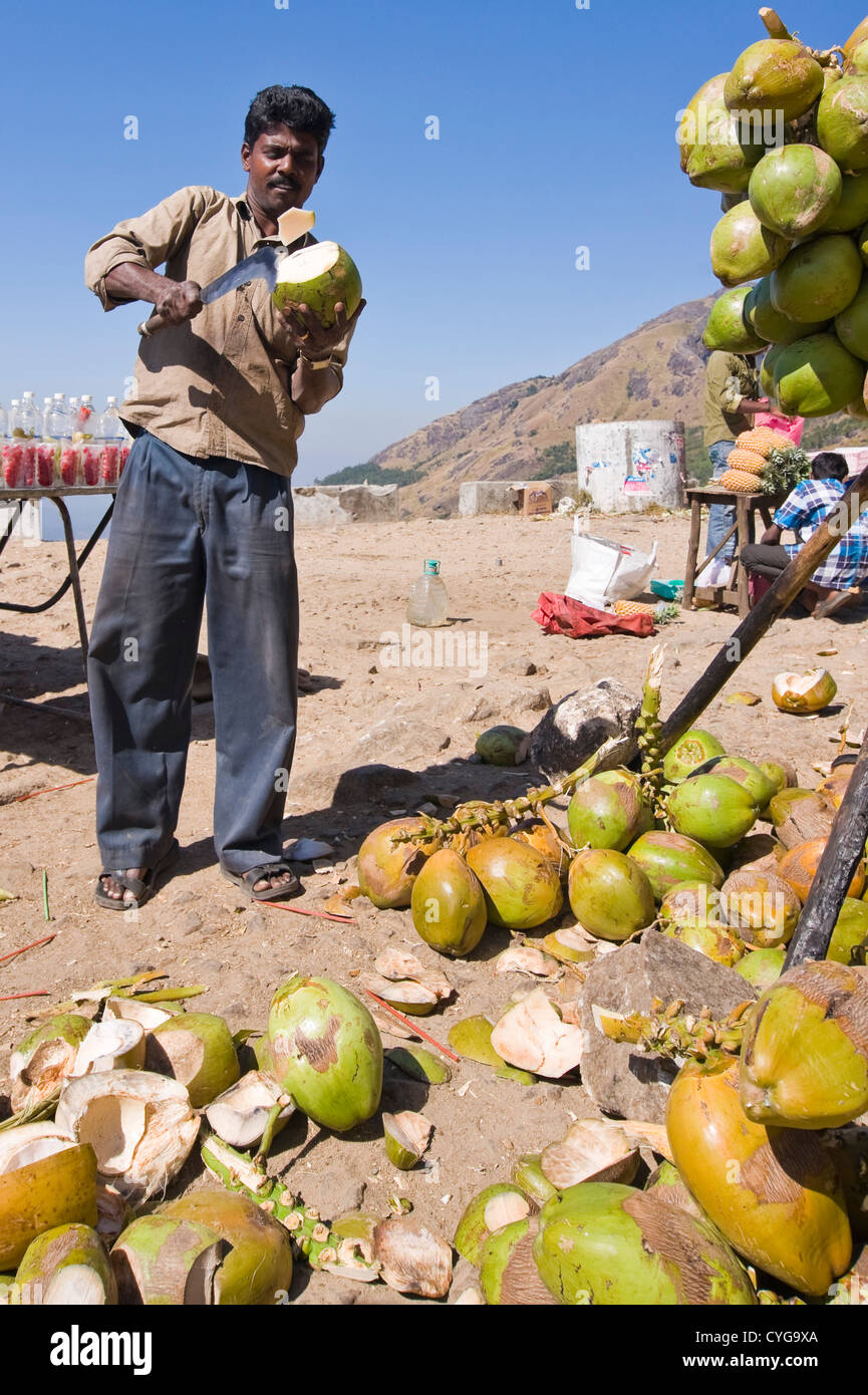 Portrait vertical d'un indien de la préparation des noix de coco à boire avec une machette à un blocage des routes dans le Kerala. Banque D'Images