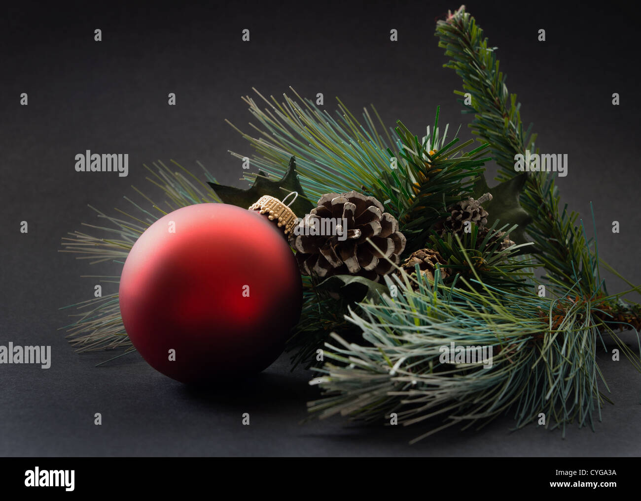 Maison de vacances ornement rouge une boule se trouve entre les branches de pins. Banque D'Images