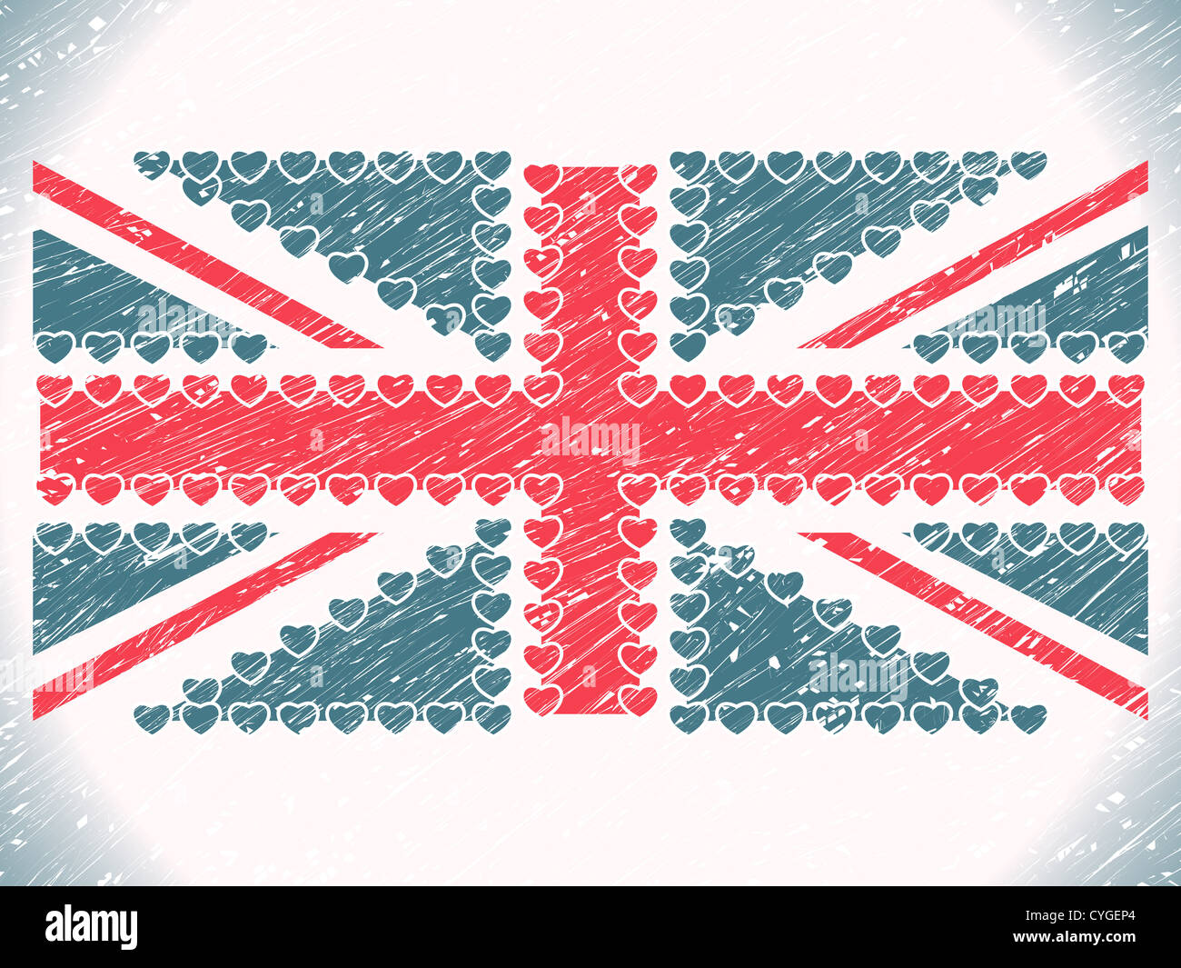 Union jack coeurs grunge flag, abstract vector art illustration Banque D'Images