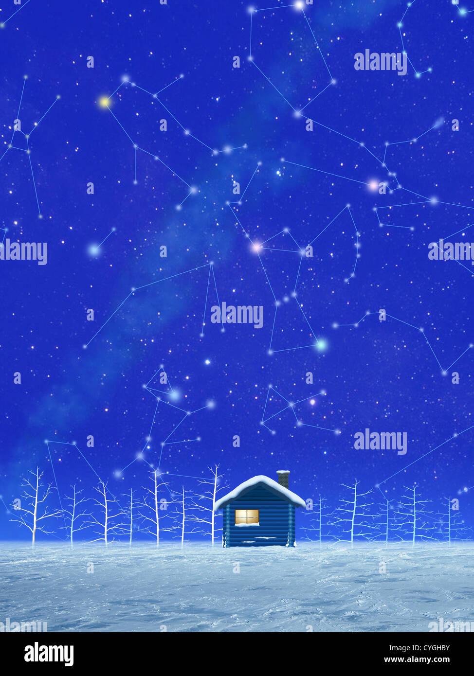 Illustration de la neige et de constellations en hiver Banque D'Images