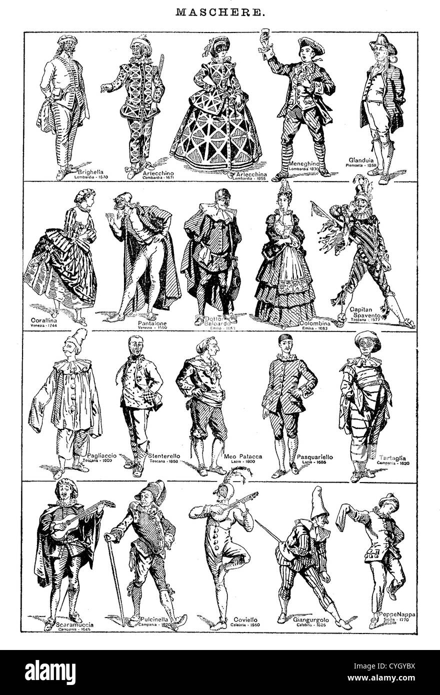 Tableau noir et blanc Vintage italien : masques et Commedia dell'Arte, Pulcinella caractères,Colombina, Arlequin Banque D'Images