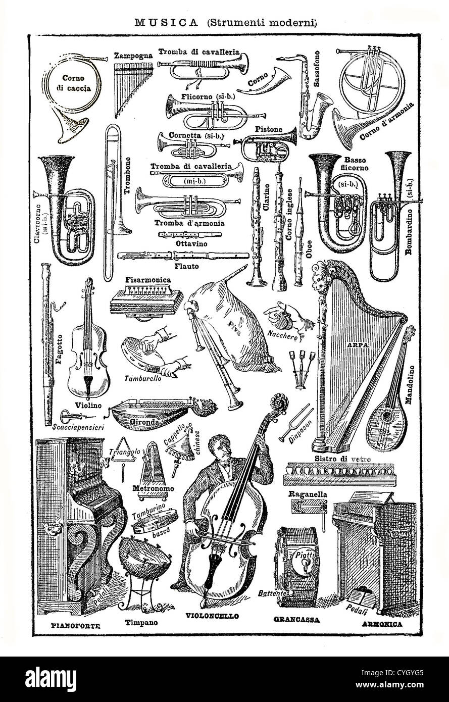 Vintage noir et blanc tableau : instruments de musique, instruments à cordes et à vent Banque D'Images
