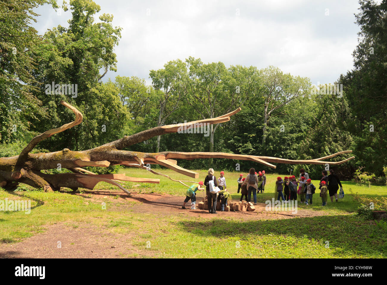 La France, de l'Arboretum des barres ou Arbofolia, Le chêne hongrois au sol et sculpté par William Costel avec enfants Banque D'Images