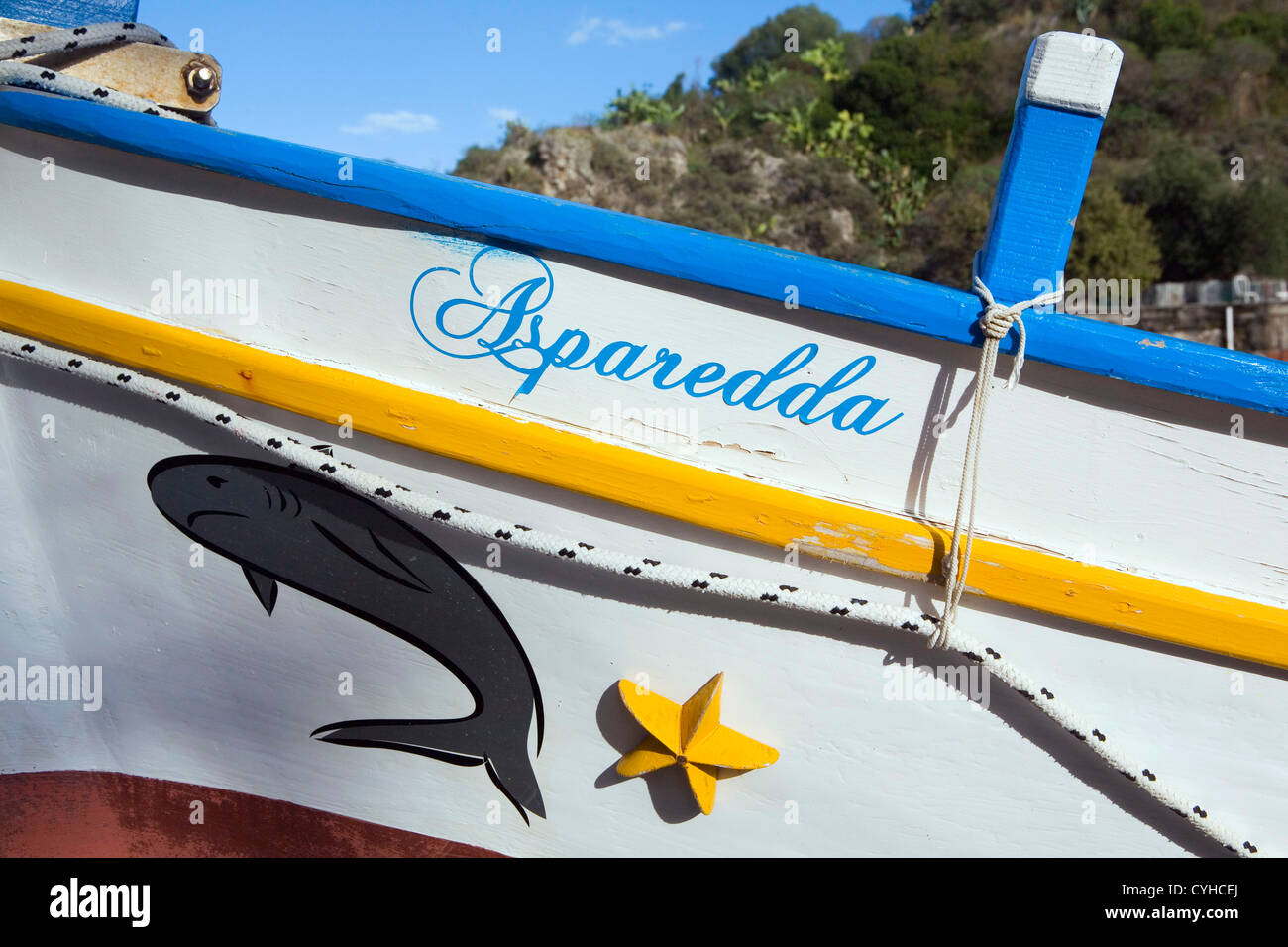 Bateau de pêche, Taormina, Sicile, Italie Banque D'Images