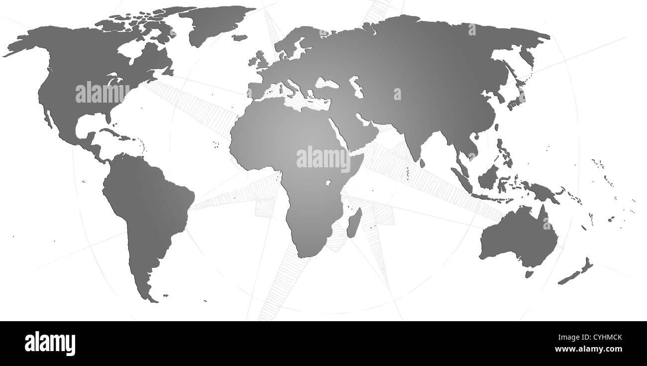 Carte du monde en noir et blanc avec un compas derrière Banque D'Images