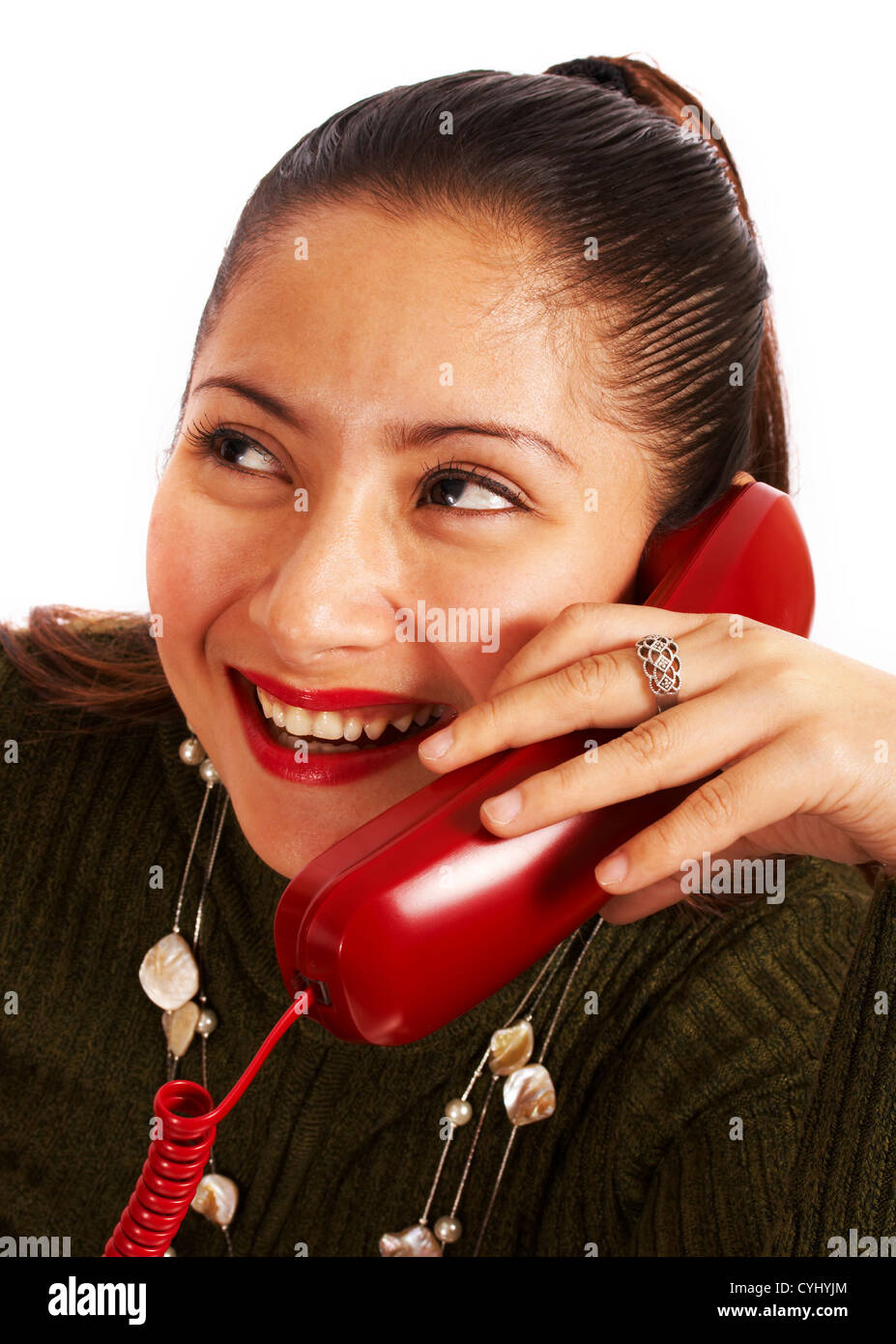 Chat femme à son ami au téléphone et de rire Banque D'Images