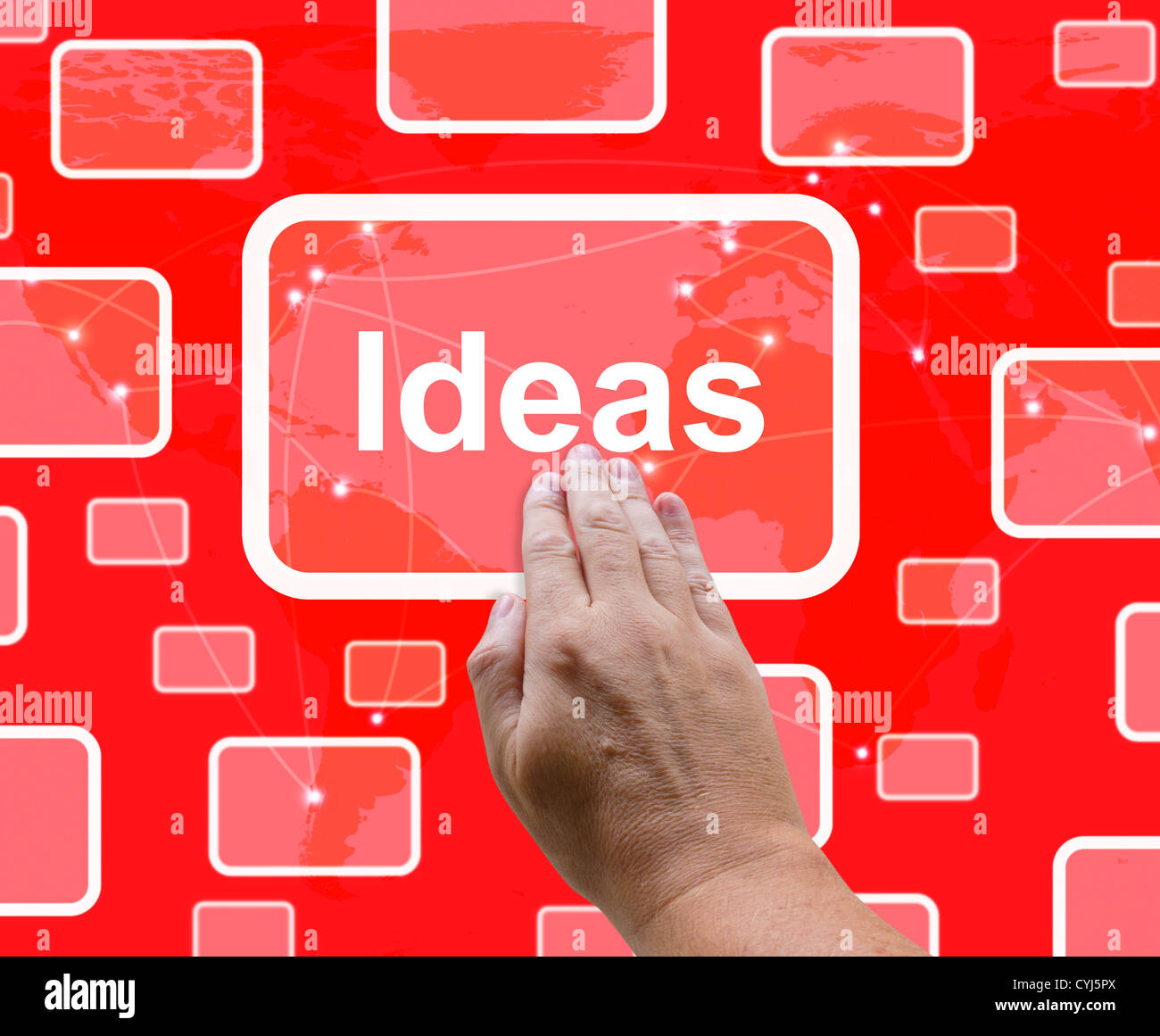 Bouton d'idées sur fond rouge montrant de nouveaux concepts ou de la créativité Banque D'Images