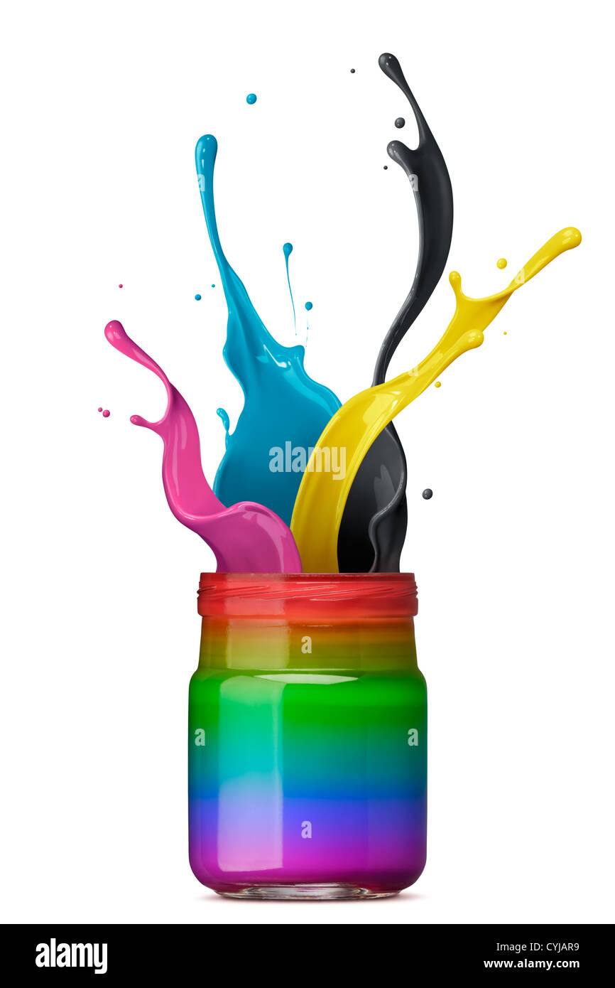 Bouteille d'encre de couleur arc-en-ciel avec splash cmjn Banque D'Images