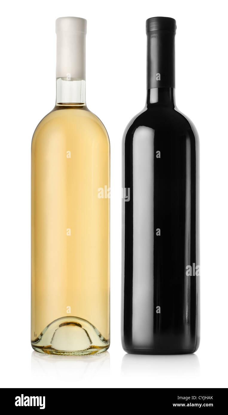 Bouteille de vin rouge et vin blanc isolé sur fond blanc Banque D'Images