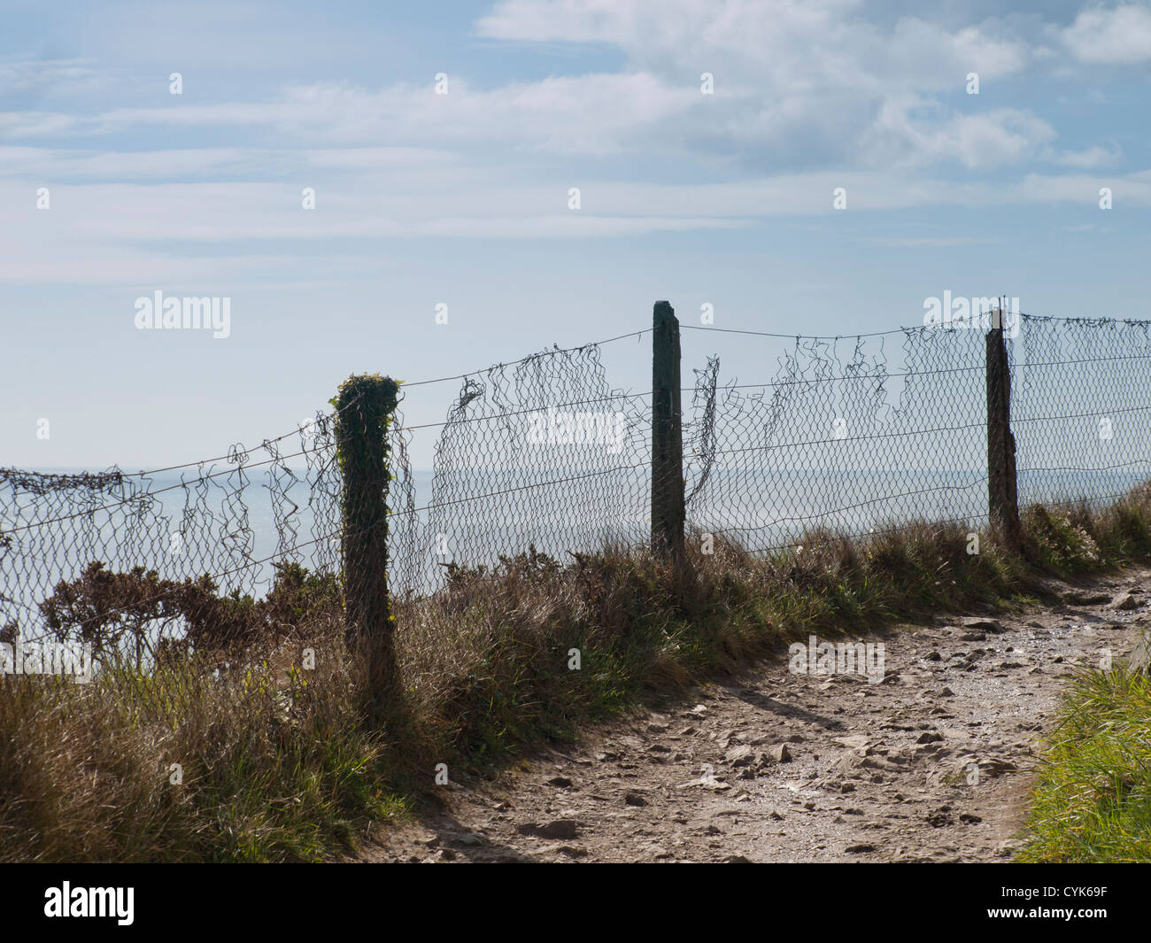 Bray à Greystones en Irlande, une falaise côtière de marche, le sentier, une clôture rouillée, horizon et ciel Banque D'Images