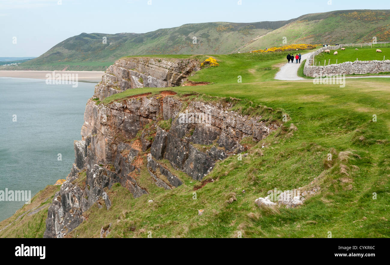 Pays de Galles, la péninsule de Gower, Rhossili Bay, plage, falaises Banque D'Images
