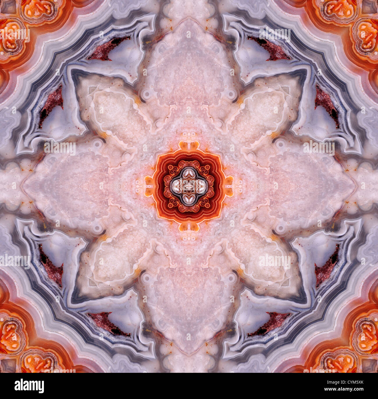 Motif symétrique fait à partir de l'image répétée de tranche polie de Ocean Jasper (opaque, forme à grain fin de calcédoine) Banque D'Images