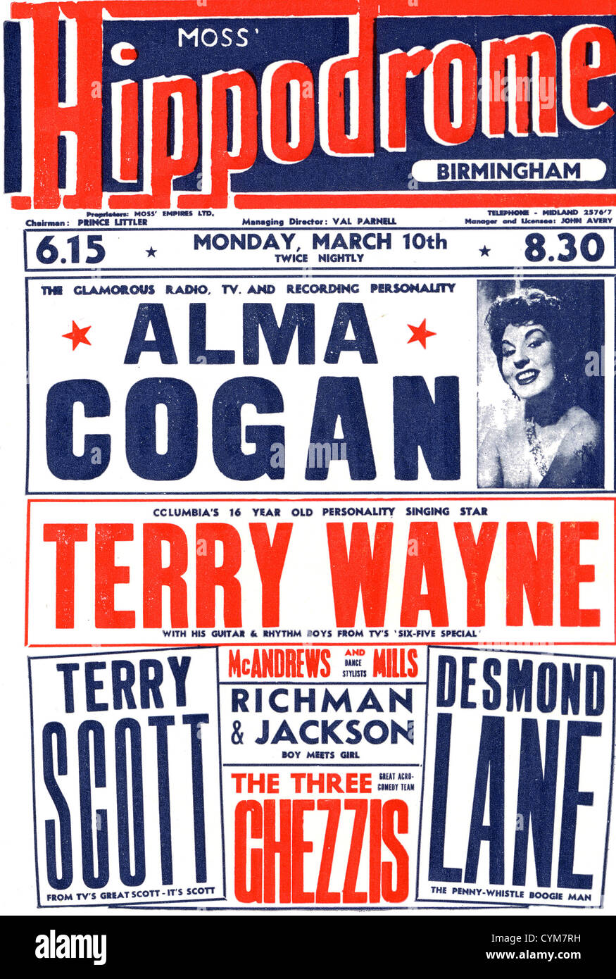 ALMA COGAN (1932-1966) Chanteuse pop britannique sur une affiche de la performance 1956 Banque D'Images