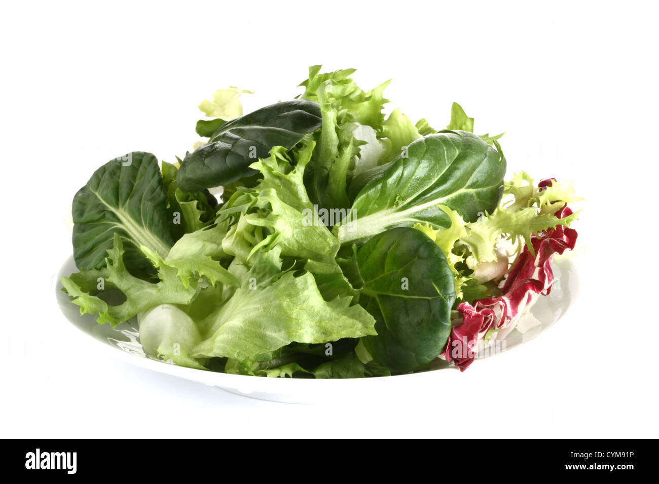 Salade de légumes verts frais tatsoi sur plaque, isolated on white Banque D'Images