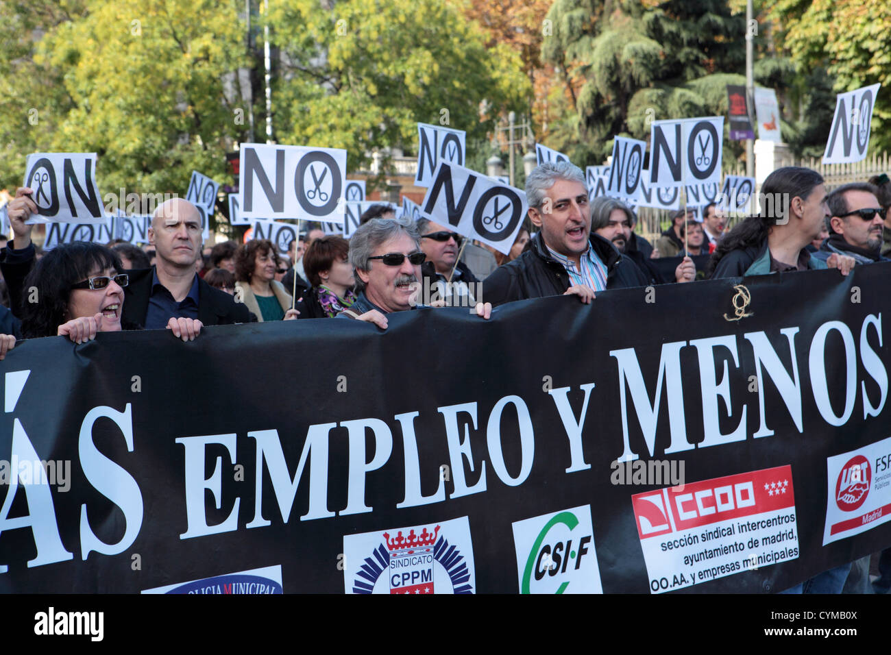 Pas de manifestants anti-austérité Réductions Réductions du secteur public, la Plaza de Cibeles, Madrid, Espagne Banque D'Images