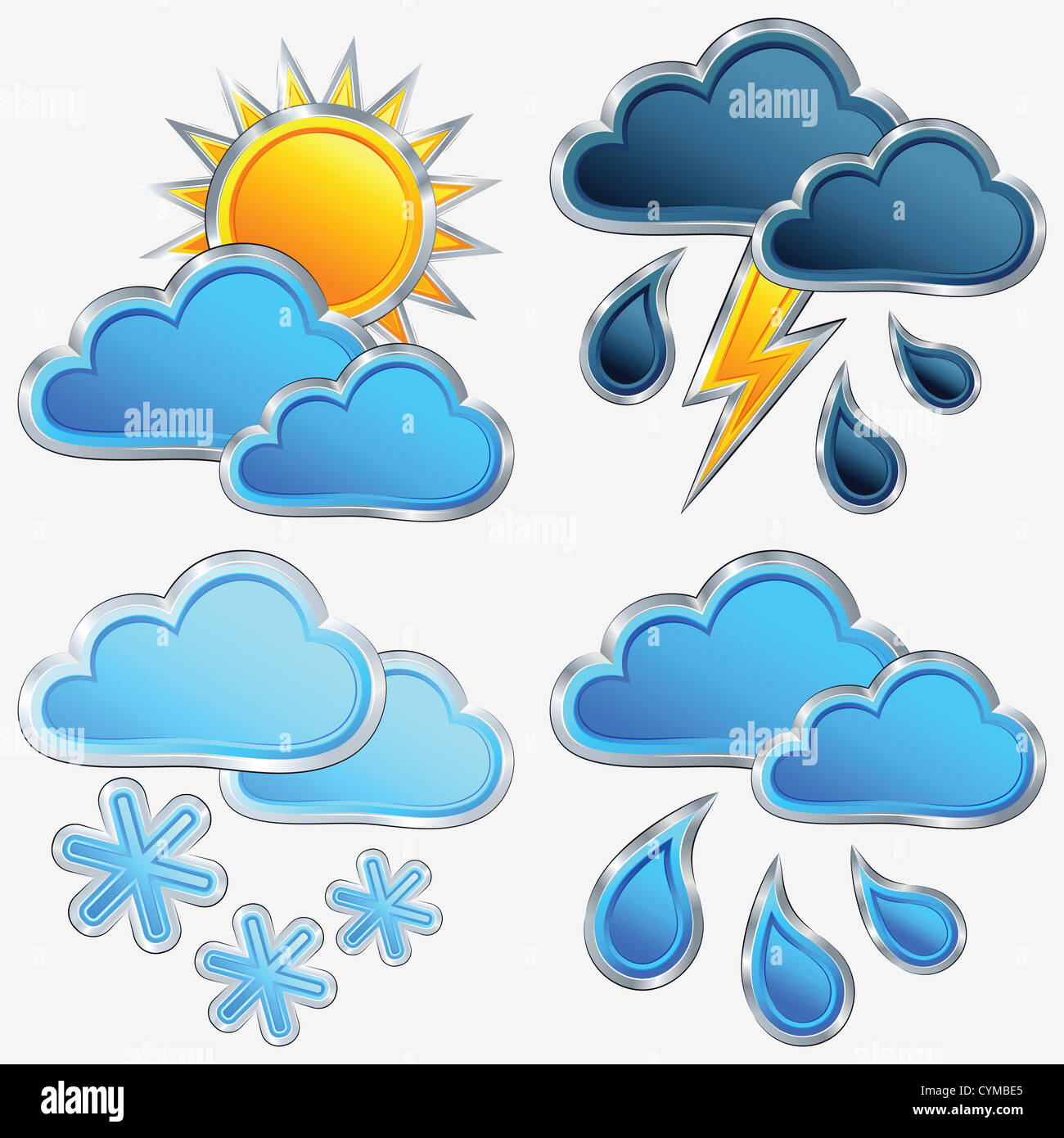 Une icône vecteur de la météo : soleil, lune, étoile, nuage, pluie, orage, la foudre et la neige Banque D'Images